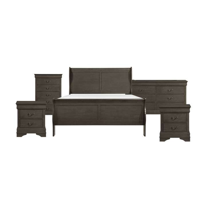 Queen Size Bedroom Set, Gray Finish, Panel Headboard, 5-Piece Set with Bed, 2 Nightstands, Dresser and Chest