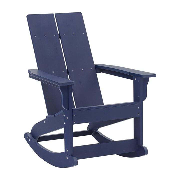 Flash Furniture Finn Modern Commercial Grade Poly Resin Wood Adirondack Rocking Chair - All Weather Navy Polystyrene - Dual Slat Back - Stainless Steel Hardware