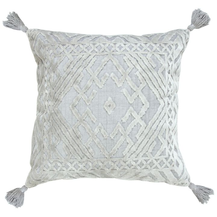 HomeRoots 18" Gray And Silver Geometric Viscose Throw Pillow Cover with Tassels