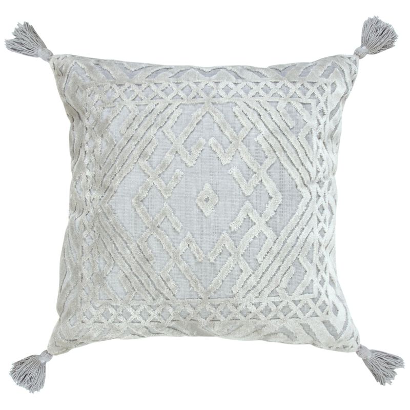 HomeRoots 18" Gray And Silver Geometric Viscose Throw Pillow Cover with Tassels image number 0