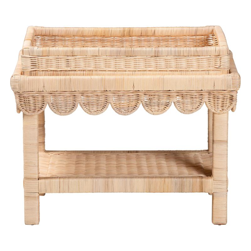 bali & pari Weyman Scalloped Rattan End Table with Removable Tray Top - Handwoven Rattan Accent Table with Shelf, Coastal Boho Style Side Table for Living Room or Bedroom