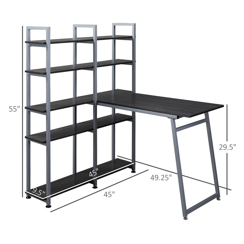 5 Tier Versatile L-Shaped Computer Desk Writing Table with Display Shelves and Metal Frame, Space-Saving, for Study Room Black/Grey