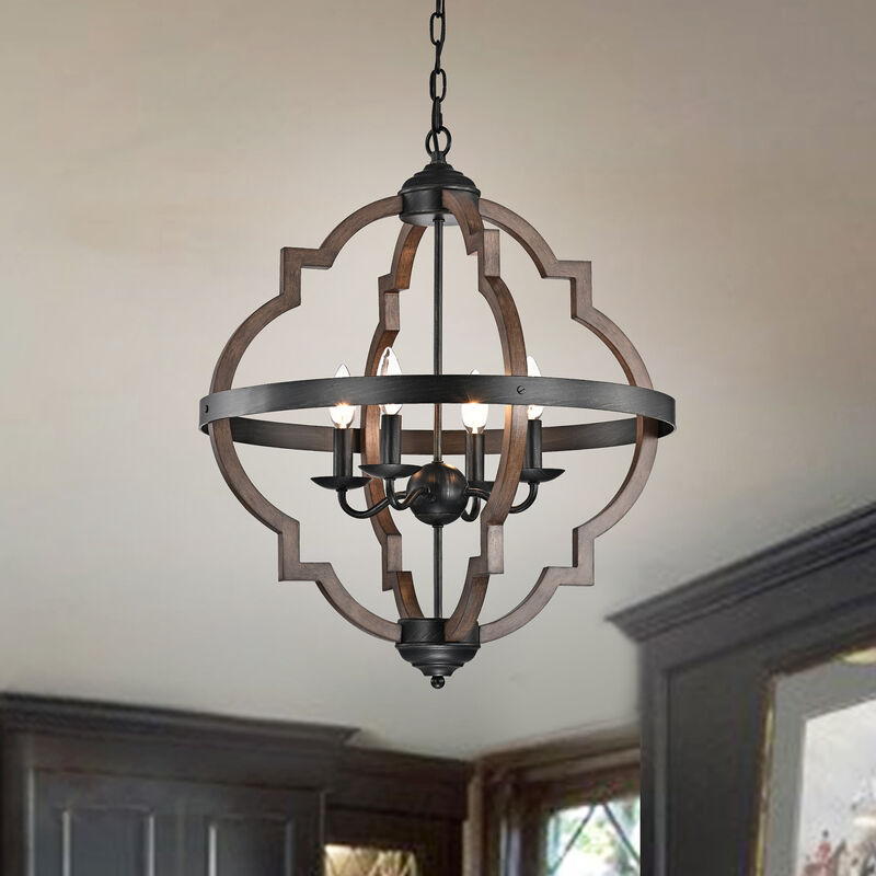 Belinda 4-light Antique Black Metal and Brown Natural Wood Chandelier image number 7