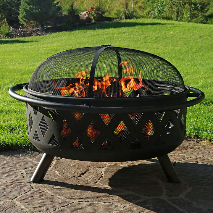 Sunnydaze 36 in Crossweave Steel Fire Pit with Screen, Poker, and Cover