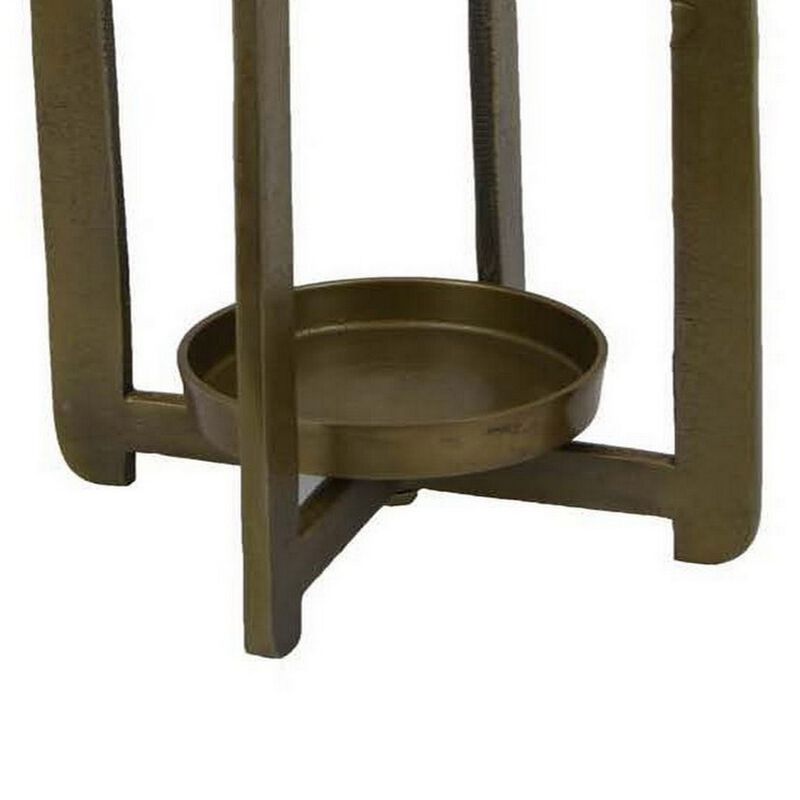 Eya 25 Inch Modern Tabletop Candle Lantern with Round Plate, Gold Metal  - Benzara