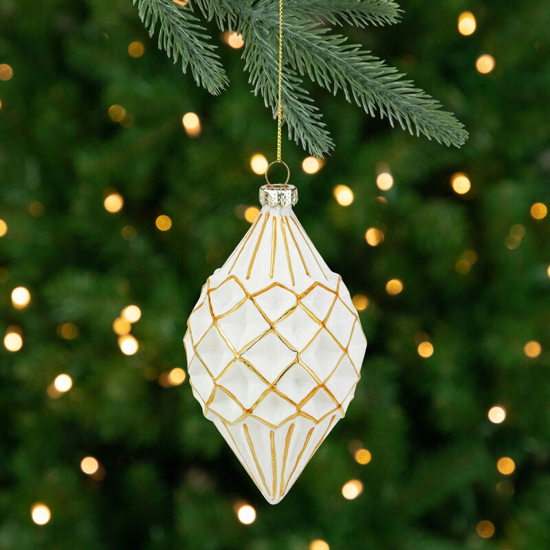 5" Glittered White and Gold Geometric Finial Glass Christmas Ornament image number 1