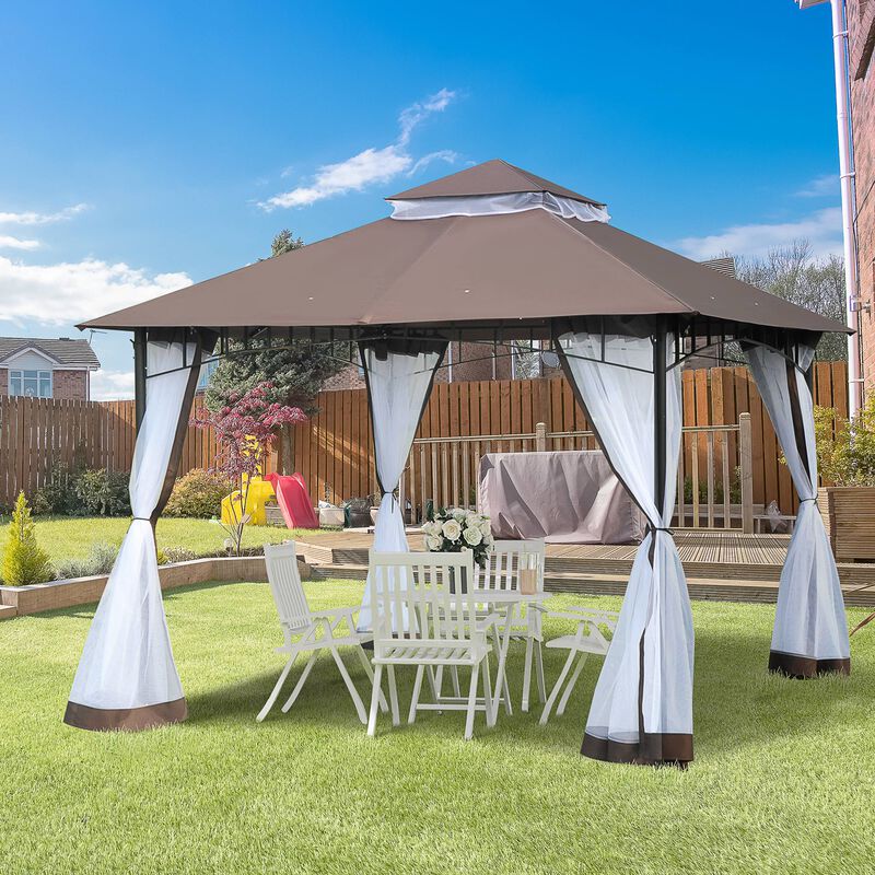 Outsunny 10' x 10' Outdoor Patio Gazebo Canopy Tent with Mesh Sidewalls, 2-Tier Canopy for Backyard, Coffee
