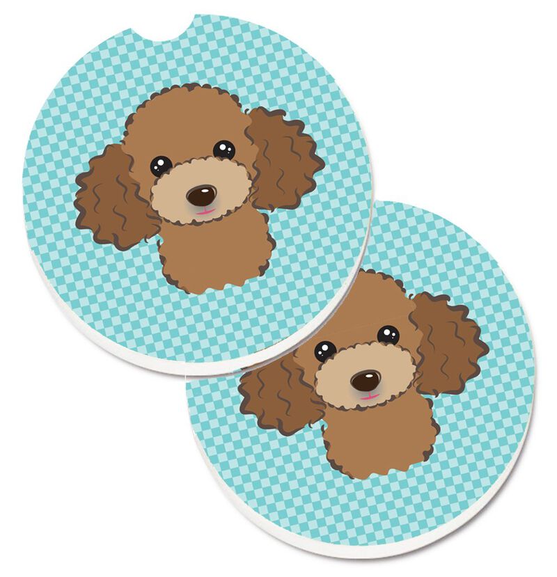 Caroline's Treasures Checkerboard Blue Chocolate Brown Poodle Set of 2 Cup Holder Car Coasters BB1194CARC, 2.56, Multicolor