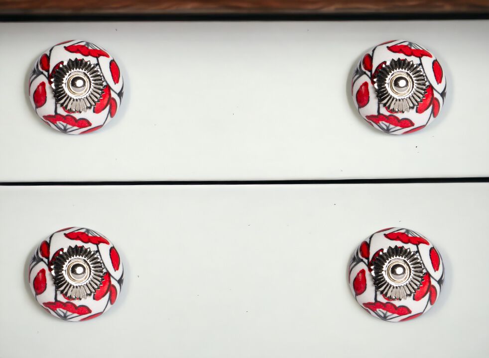 HomeRoots Set of Eight White And Red Ceramic And Metal Drawer Pull Knobs