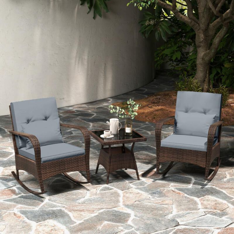3 Piece Outdoor Rocking Set with Tempered Glass Coffee Table for Backyard Poolside image number 2