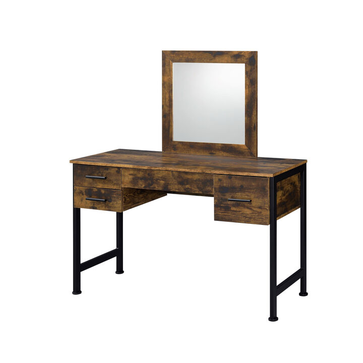 HomeRoots 47" Black Mirrored Vanity Table with Mirror With Four Drawers