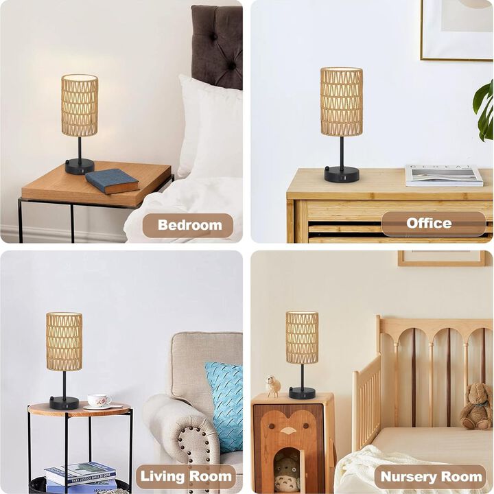 ELEMENT ACE 3-Way Dimmable Touch Control Table Lamp with USB-A + USB-C Charging Ports, Rattan & Linen Shade, Phone Stand for Bedroom, Nightstand, Living Room, Office