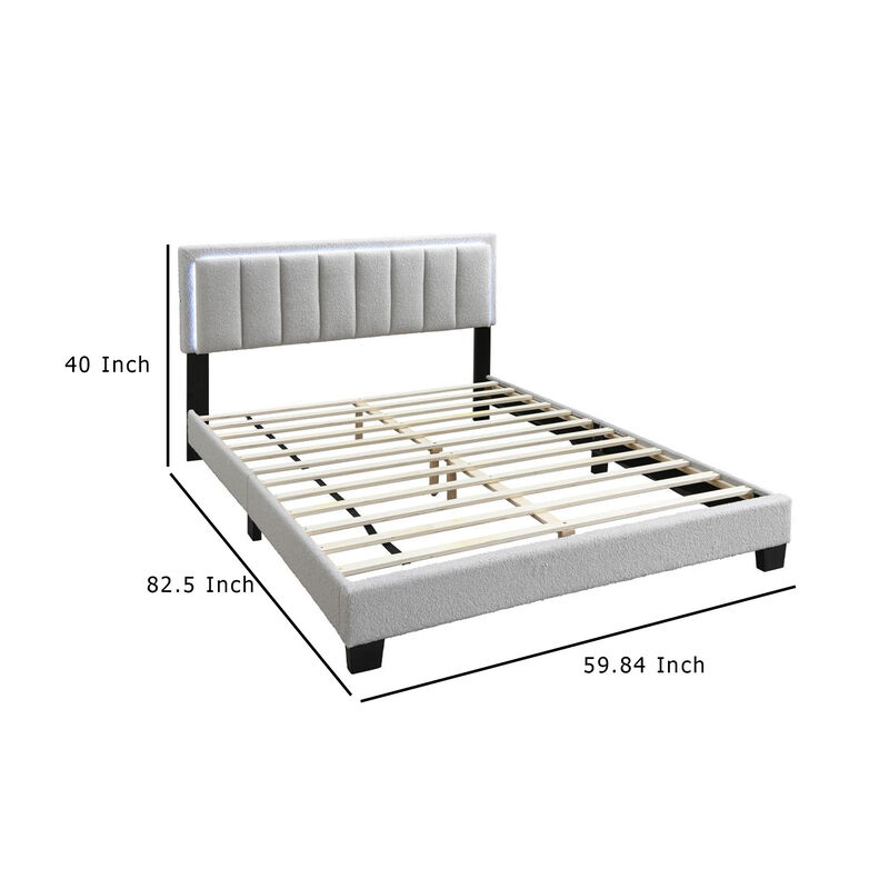 Zemo Queen Size Bed, LED Headboard, Tufted Light Gray Wool Upholstery - Benzara