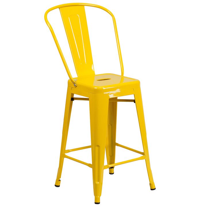 Flash Furniture Commercial Grade 24" High Yellow Metal Indoor-Outdoor Counter Height Stool with Removable Back