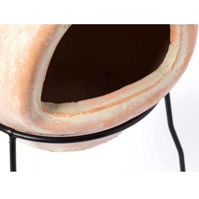 Beige Outdoor Clay Chimney Outdoor Fireplace Sun Design Charcoal Burning Fire Pit with Sturdy Metal Stand, Barbecue, Cocktail Party, Family Gathering, Cozy Nights Fire Pit