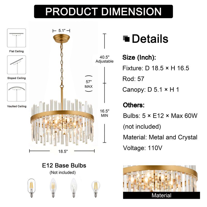 Candela Glossy Light Brass 5-light Drum Crystal Glass Chandelier image number 4