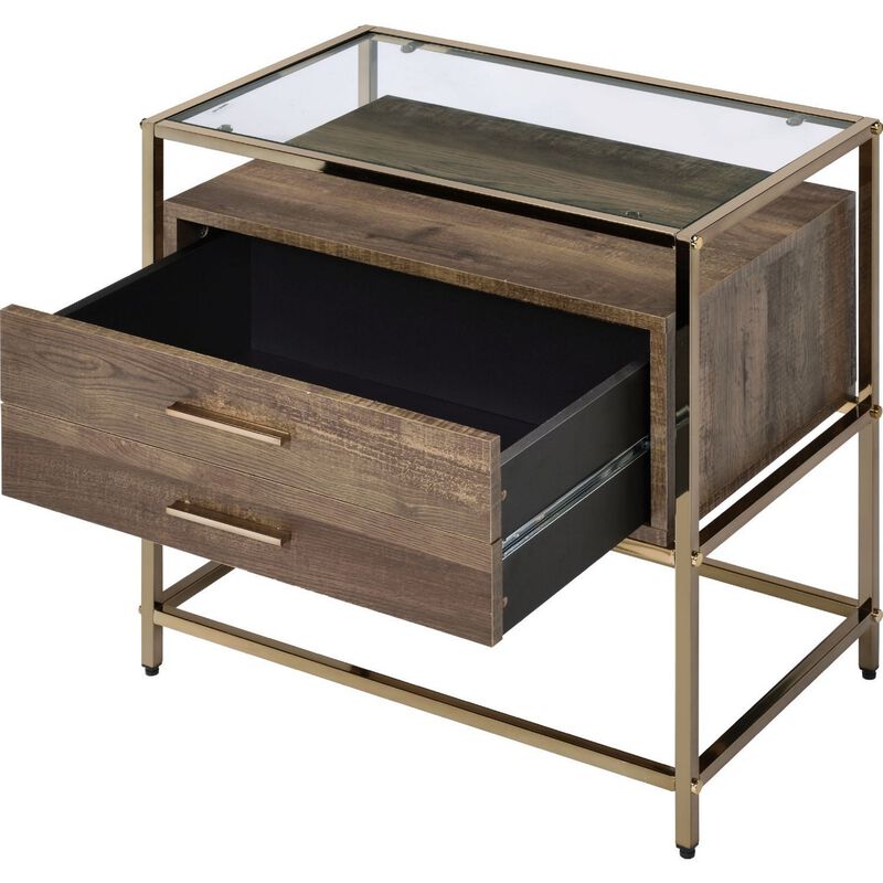 Accent Table with 2 Drawers and Metal Frame Glass Top, Brown and Gold