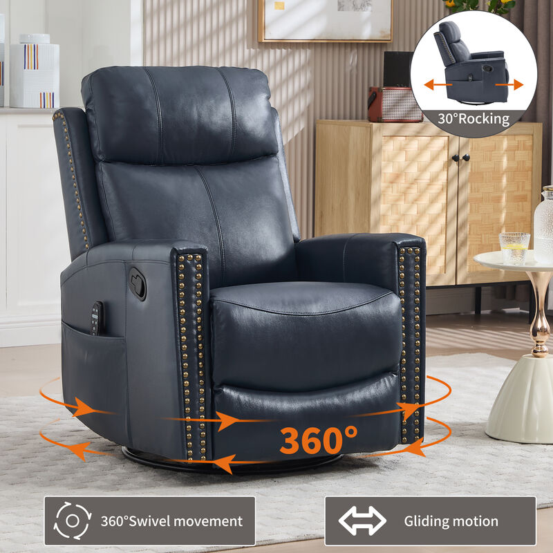 Genuine Leather Heat Massage Manual Recliner Chair with Rocker and Swivel for Living Room image number 5