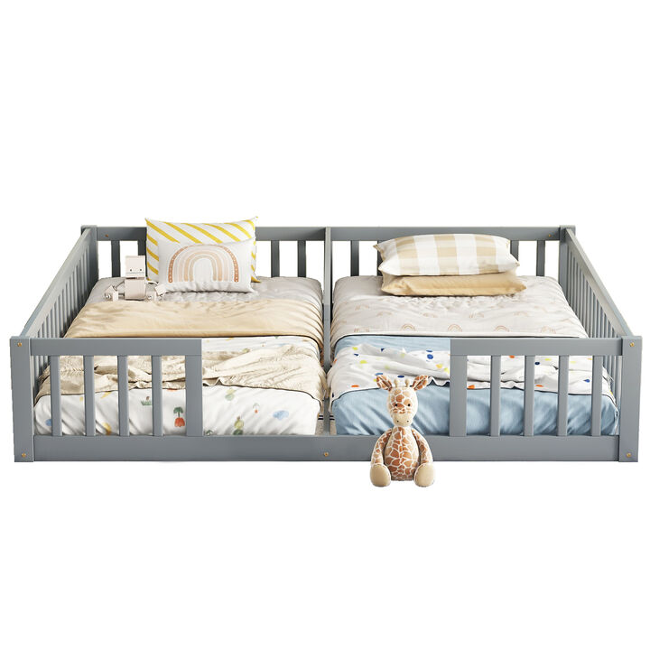 Whisen Double Twin Size Wood Floor Bed with Fence and Guardrails