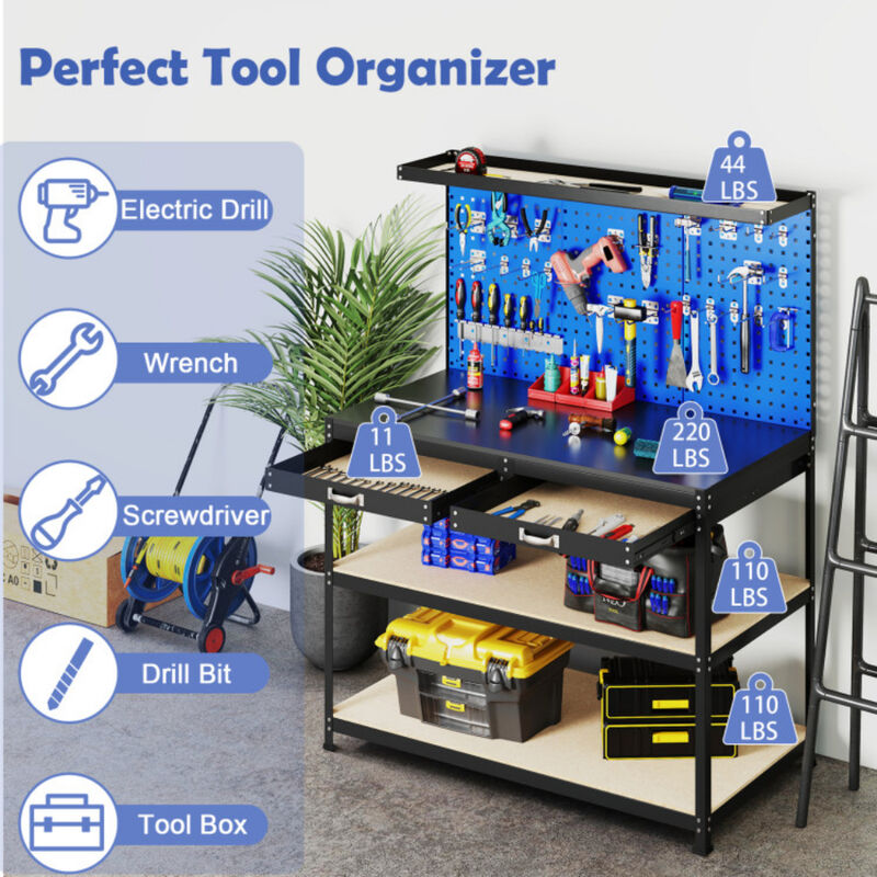 Workbench Work Table with 3 PCs Pegboard Drawer and Shelves