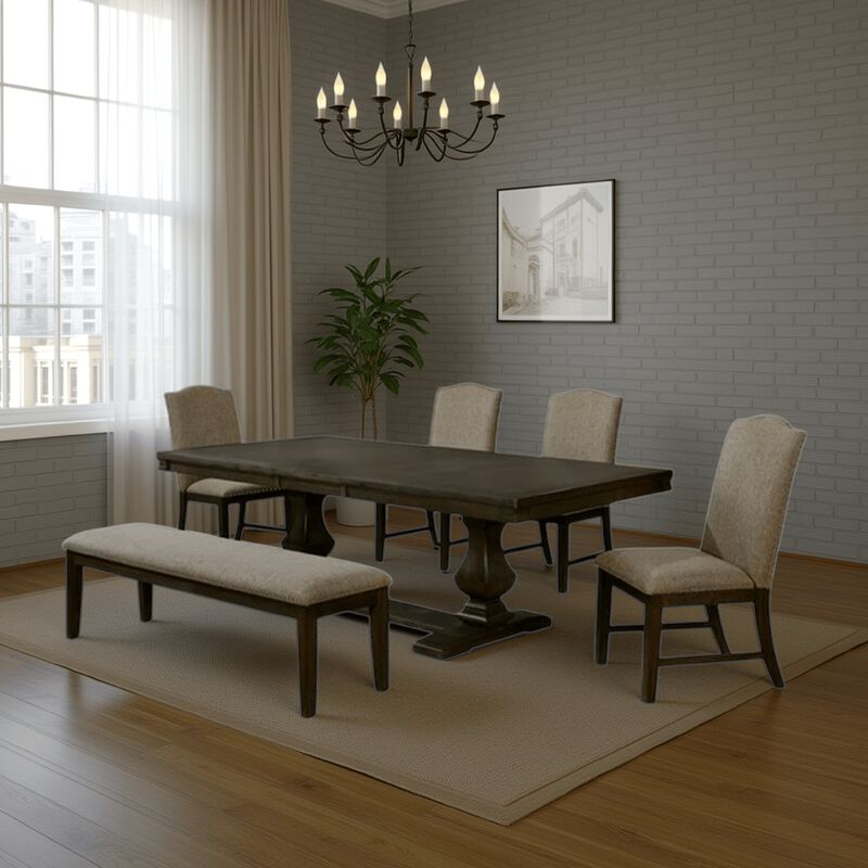 Kely 6pc Dining Table, Chair and Bench Set, Extendable Top, Brown Gray image number 1