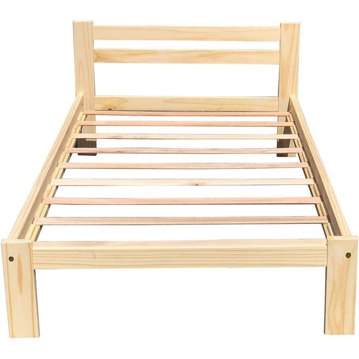 QuikFurn Twin size Unfinished Solid Pine Wood Platform Bed Frame with Slatted Headboard