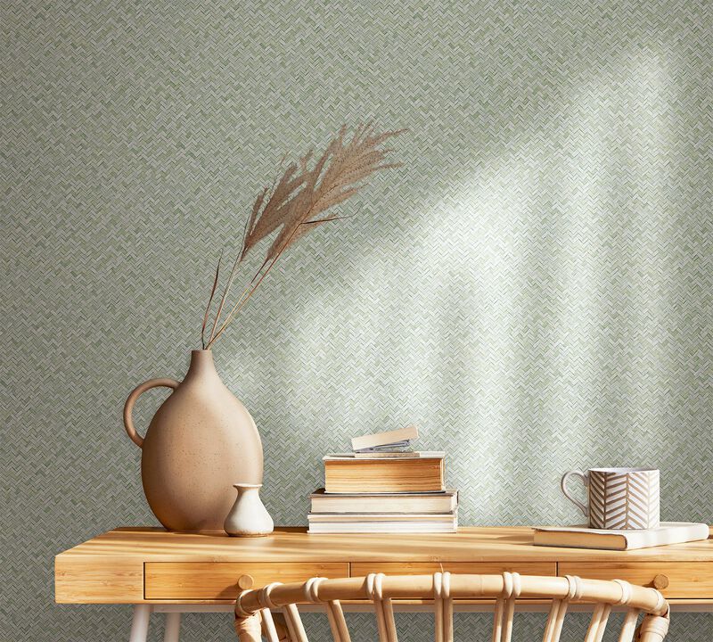 Flora Herringbone Weave Green Wallpaper 47479