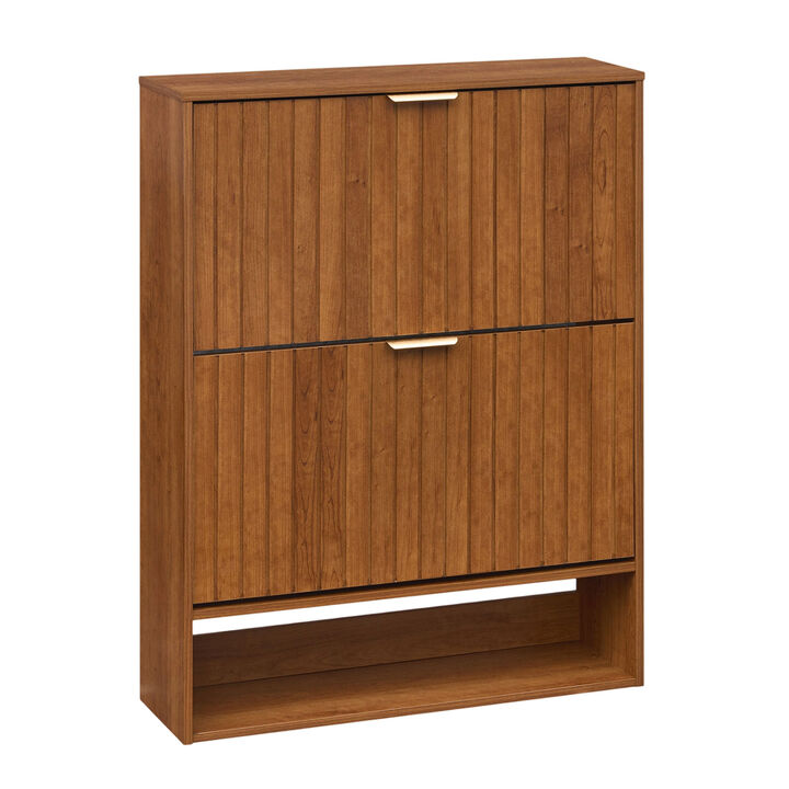 Modern Fluted Shoe Cabinet with Flip Drawers and Open Storage