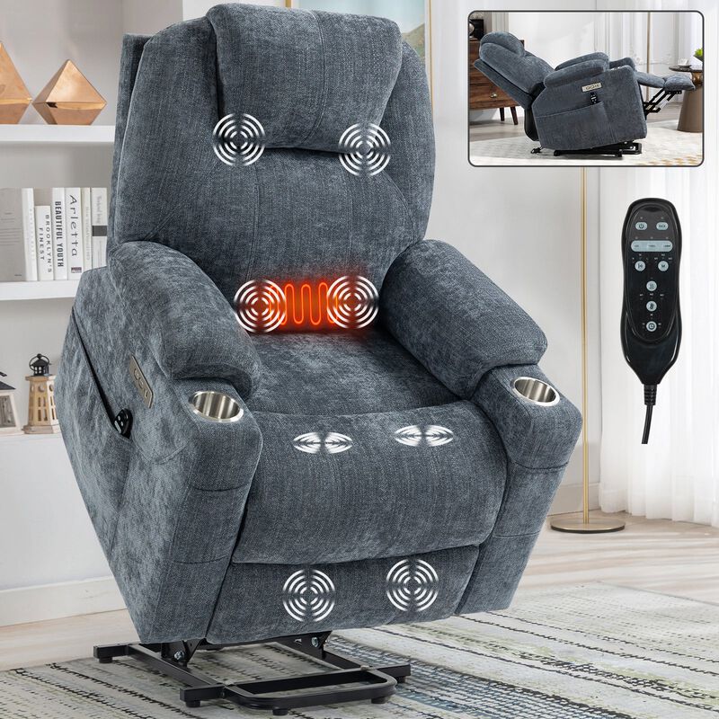Chenille Power Lift Recliner Chair, Heavy Duty Motion Mechanism with Massage and Lumbar Heating, USB and Type-C Ports