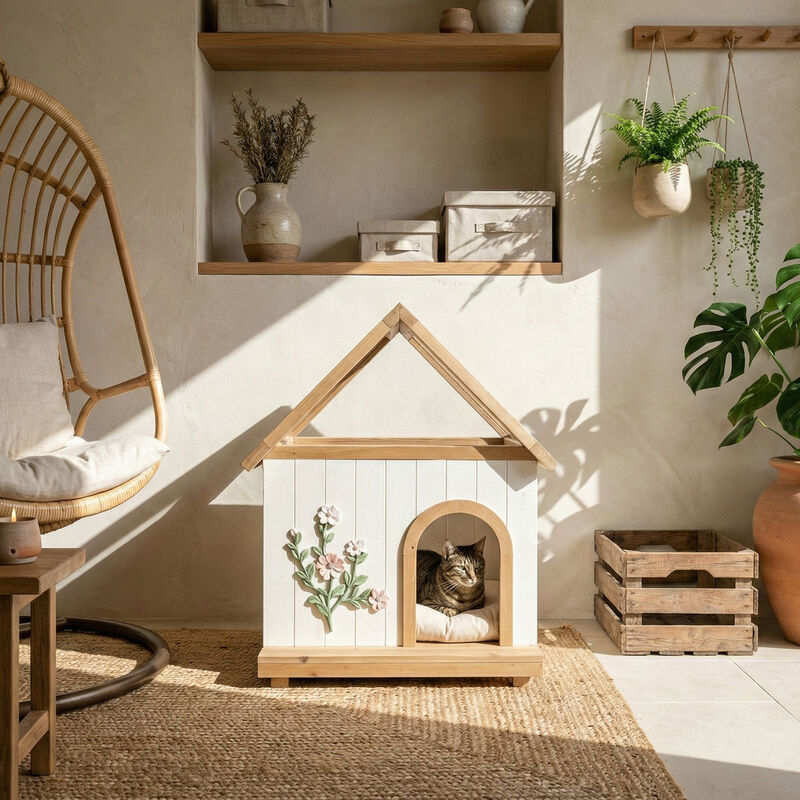 Transparent Roof Pet House with Floral Carving, Cedar Indoor Shelter for Cats & Small Dogs image number 5