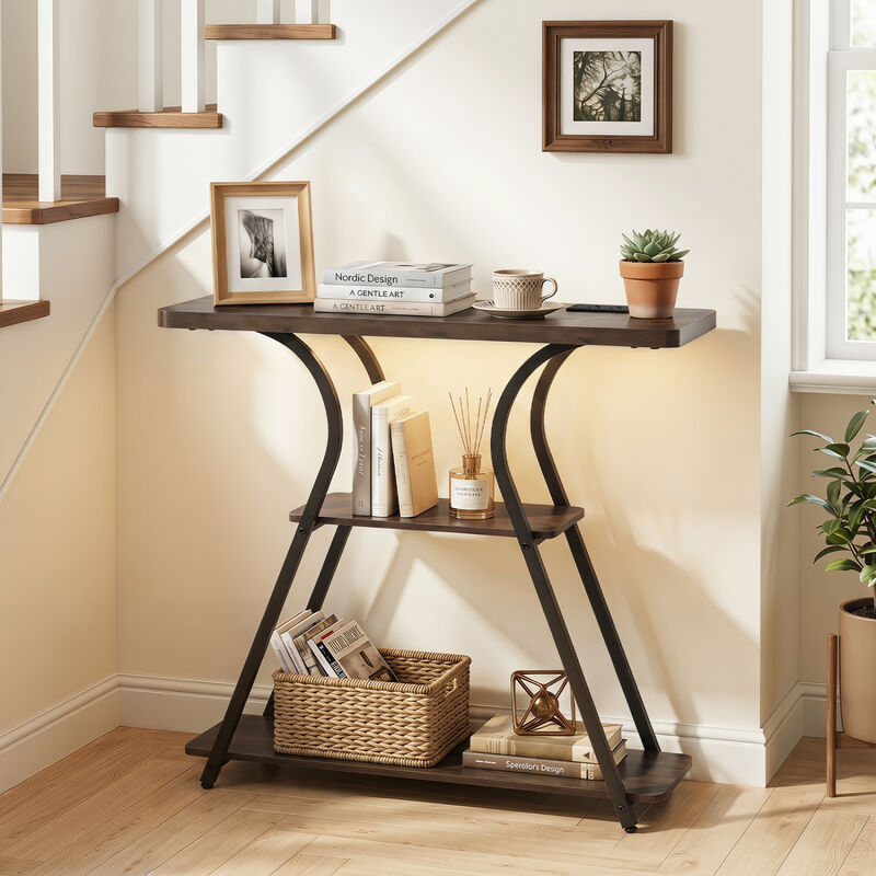 Narrow Console Table with LED Lights and Charging Station for Hallway-Brown image number 5