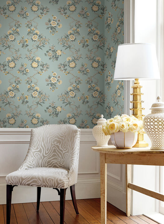 Genevieve Harbor Blue Floral Trail Wallpaper
