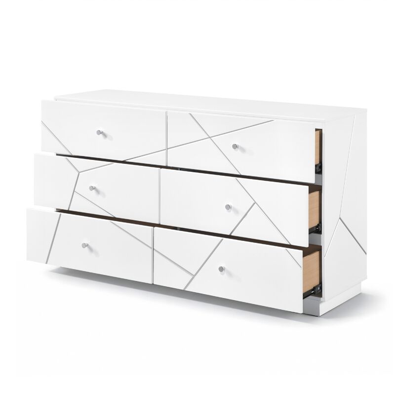 Oly Wide Dresser, 6 Drawers, Geometric Design, Chrome Knobs, Glossy White image number 5