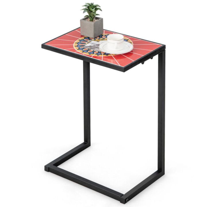 Hivvago C-shaped Waterproof Outdoor Side End Table with Ceramic Top
