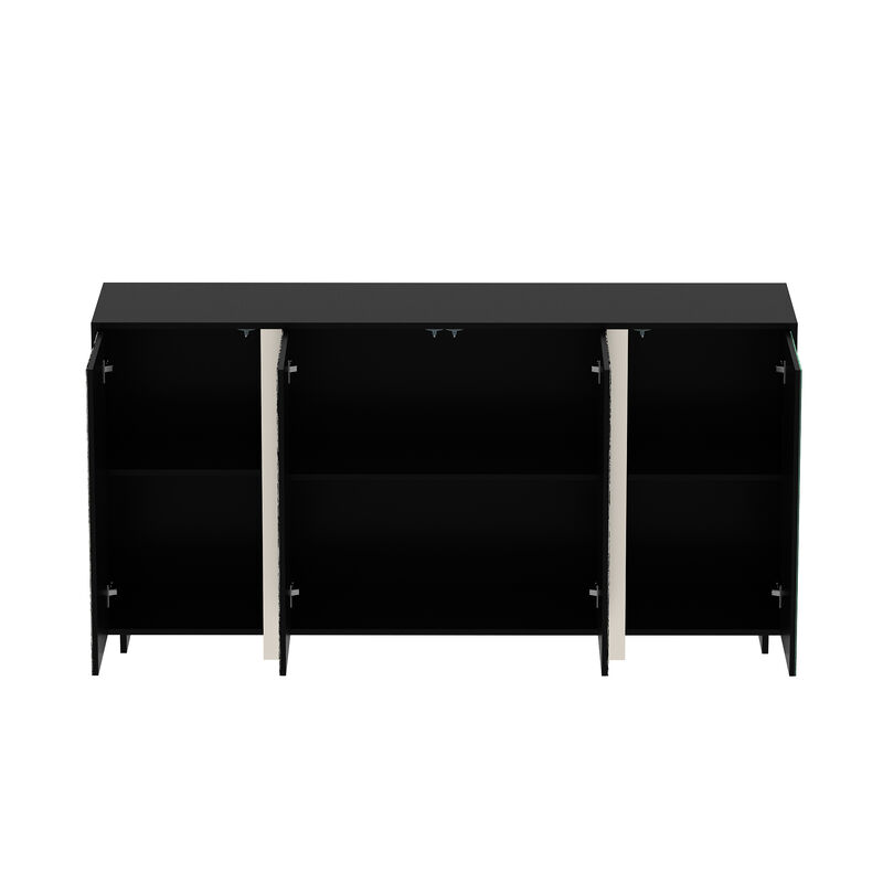 FUFU&GAGA Contemporary Black Sideboard with Marble-Pattern Glass Doors (63" W x 15.7" D x 31.5" H), P2 MDF Cabinet with Silver-Plated Legs