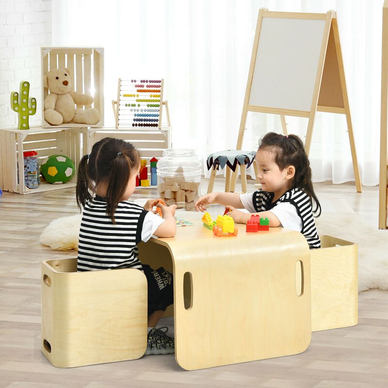 3 Pieces Kids Wooden Table and Chair Set - Natural