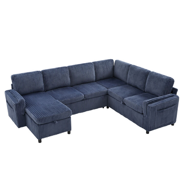 Merax U-Shaped Sectional Sleeper Sofa with Storage, USB & Reversible Chaise &ndash; Corduroy Fabric
