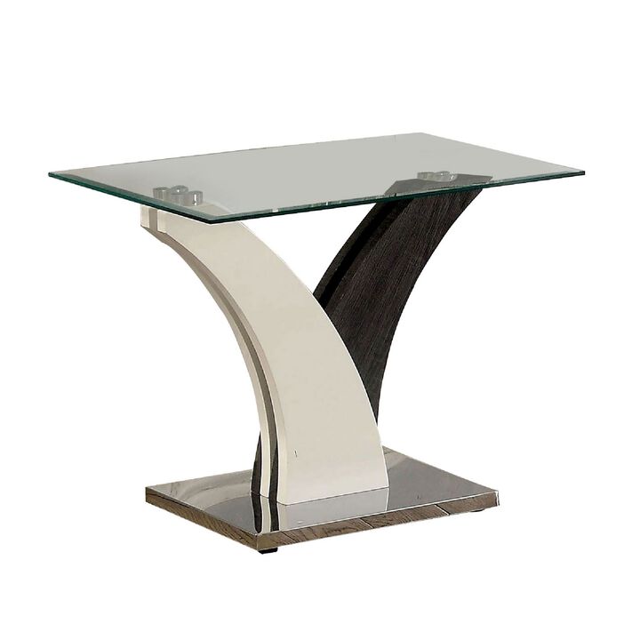Modern Two Tone Flared Base End Table with Glass Top, White and Gray-Benzara