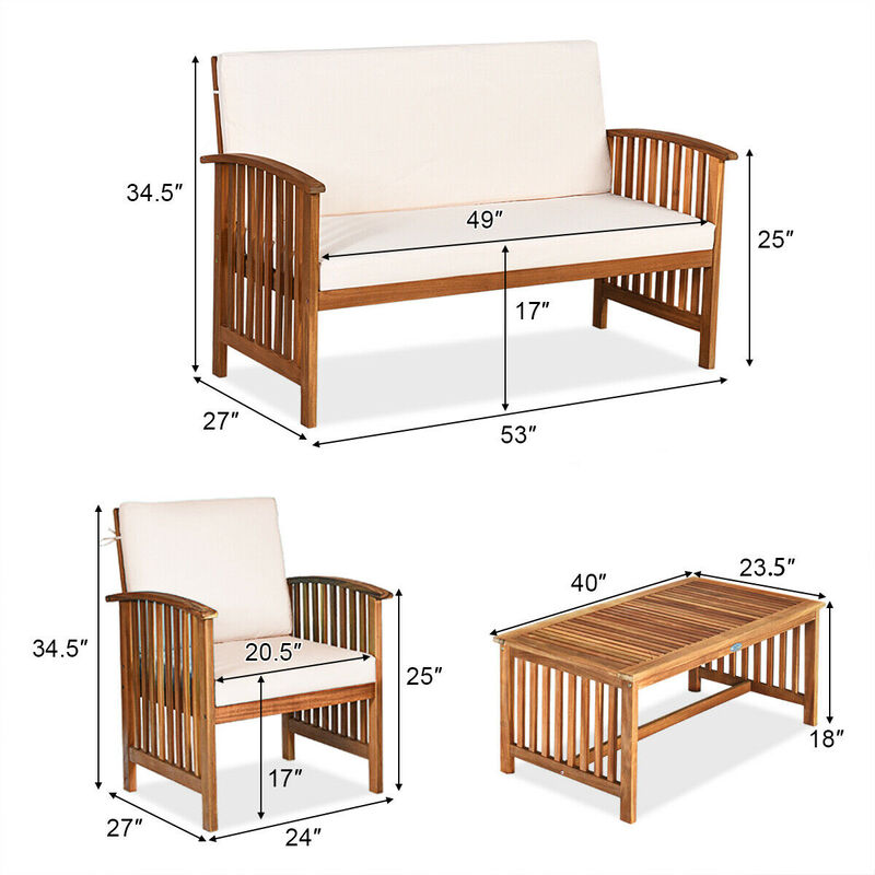 4 Pieces Patio Solid Wood Furniture Set