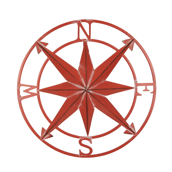 20 Inch Distressed Metal Compass Rose Nautical Wall Decor Indoor Outdoor, Coral
