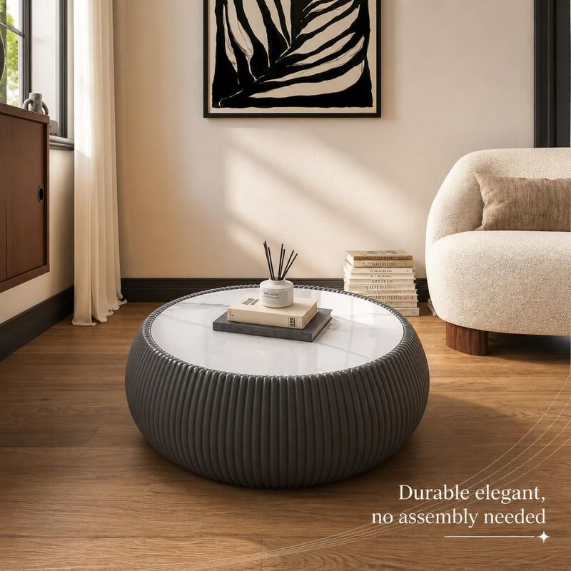 GOODSILO Modern Round Drum Shaped Sintered Stone Top Coffee Table Unique Patterned Accent Furniture For Living Room, Bedroom And Office image number 4
