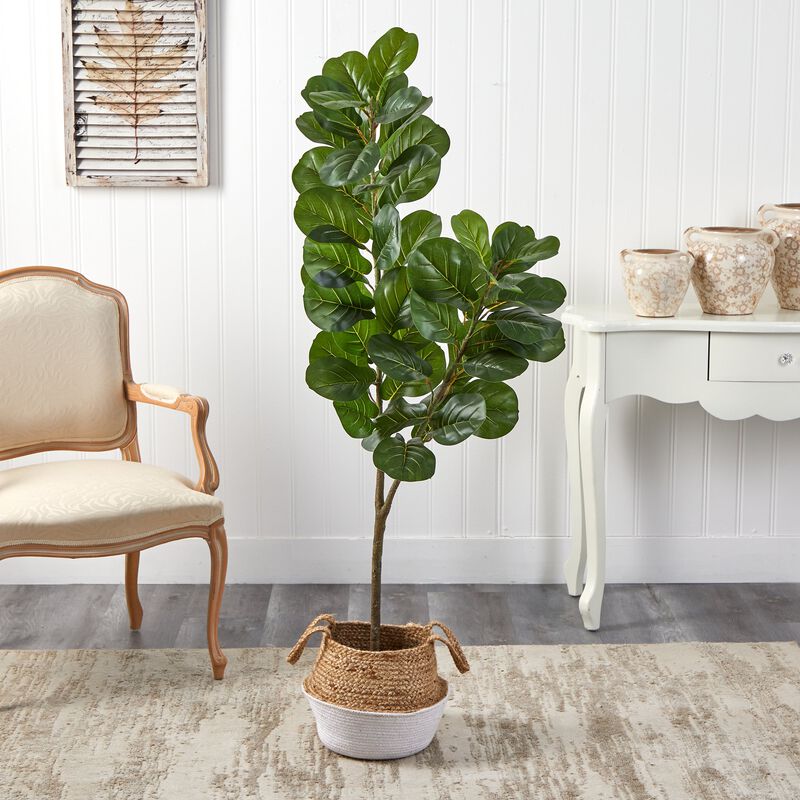 Hivvago 4.5 Feet Fiddle Leaf Fig Artificial Tree with Boho Chic Handmade Cotton & Jute White Woven Planter