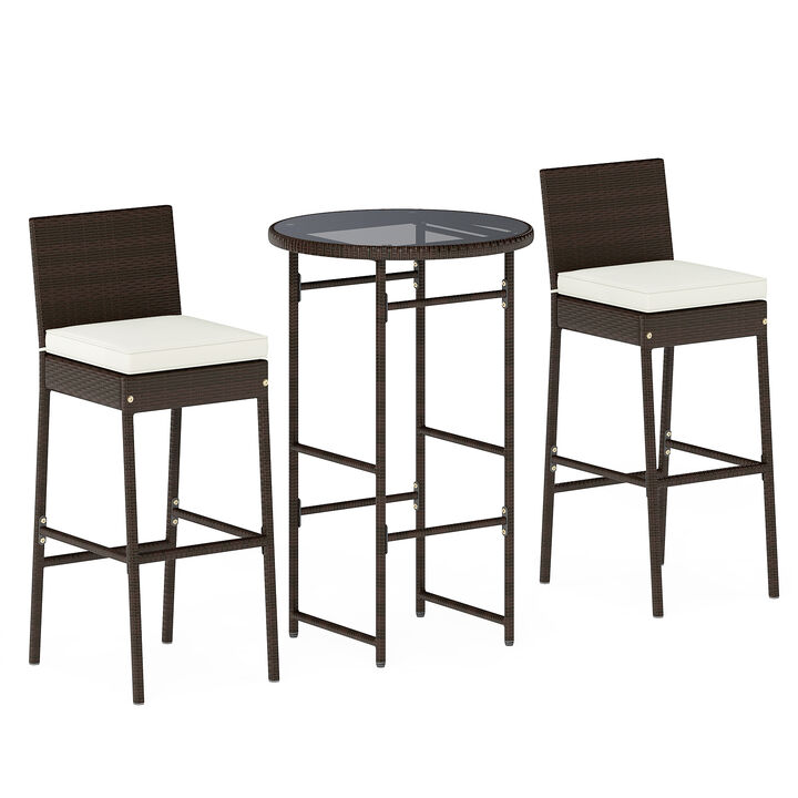 Outdoor Patio 3 Piece Bar Set with Metal Stools and Table-White