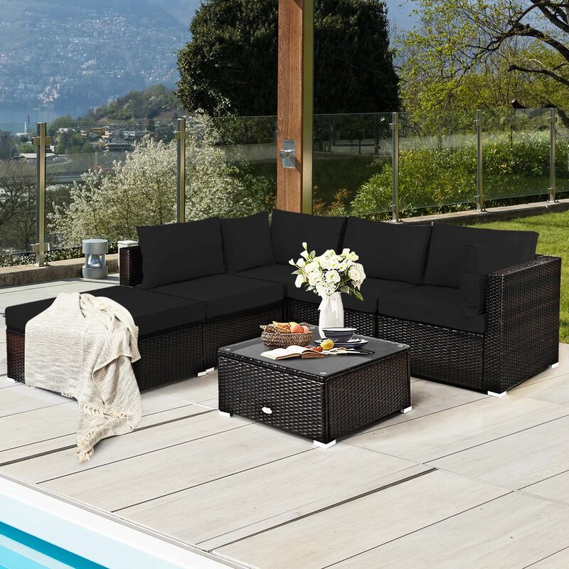 Mondawe 6 Pieces Outdoor Patio Rattan Sectional Sofa Set with Coffee Table