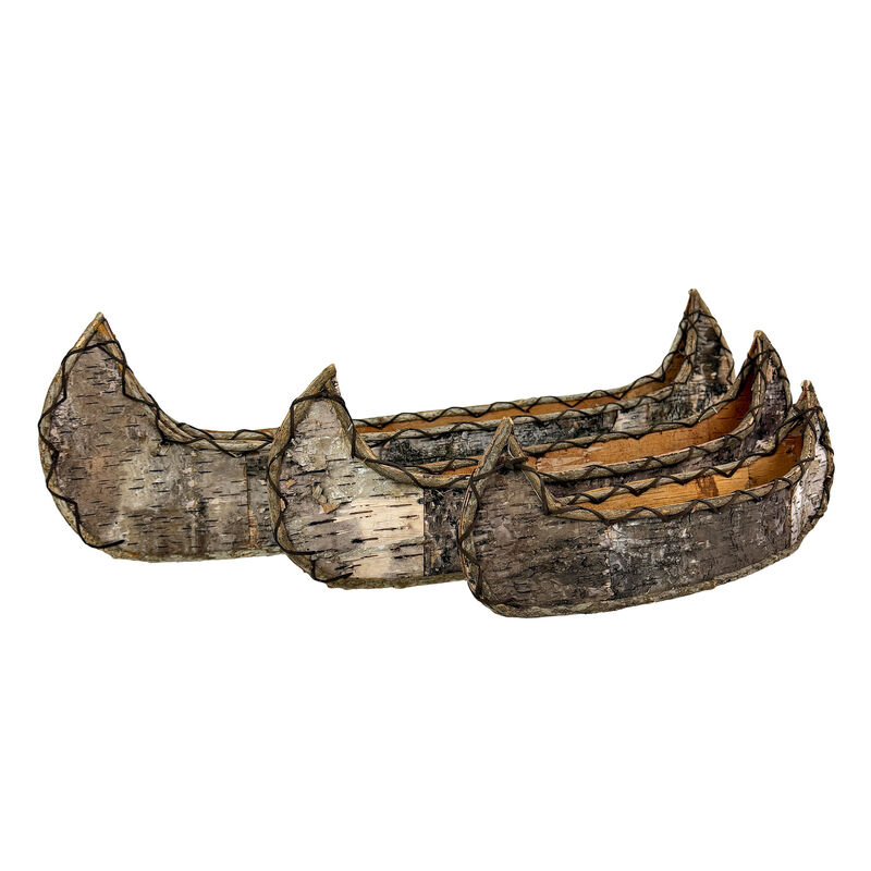 Set of 3 Birch Bark Canoe Statues 36in Rustic Wood Table Shelf Decor image number 0