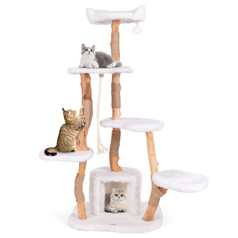 66-Inch Tall Solid Wood Cat Tree, Modern Wooden Cat Tower with Perch for Cats