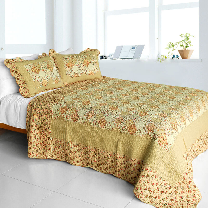 3PC Cotton Printed Quilt Set Queen Size Vermicelli Quilted Soft Bed Cover Set image number 0