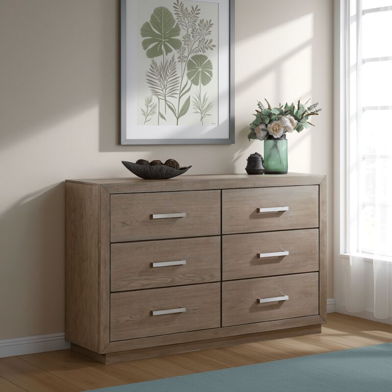 Keno Wide Dresser, 6 Drawers, Metal Bar Handles, Brown Acacia Wood - Benzara