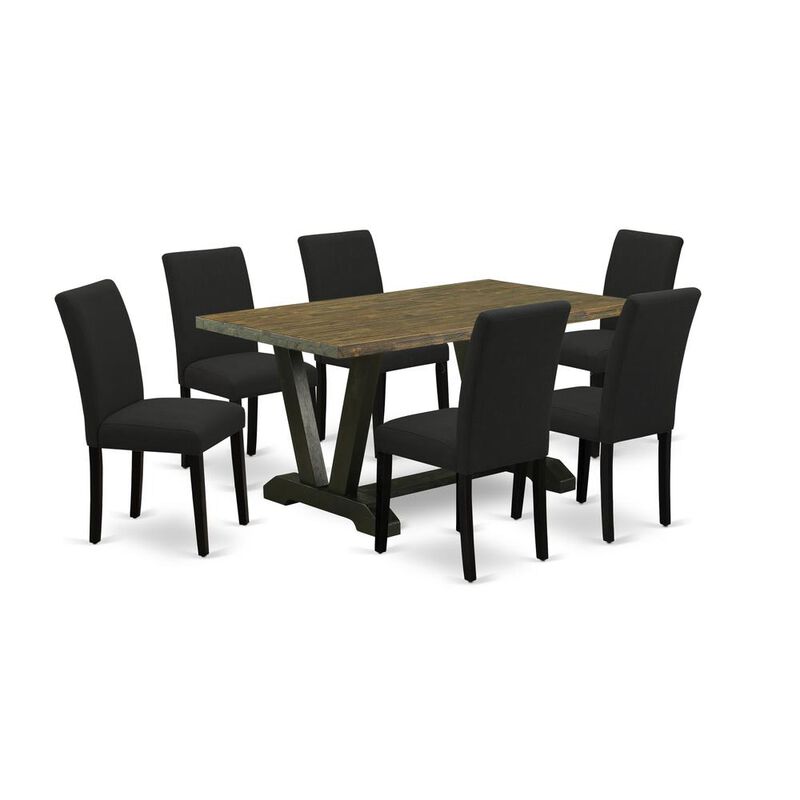 East West Furniture 7-Piece Table and Chairs Dining Set Includes 6 Mid Century Dining Chairs with Upholstered Seat and High Back and a Rectangular Wood Dining Table - Black Finish