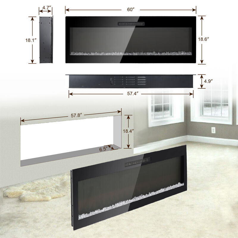 Streamdale 60 Inch Electric Fireplace, Recessed And Wall Mounted Fireplace